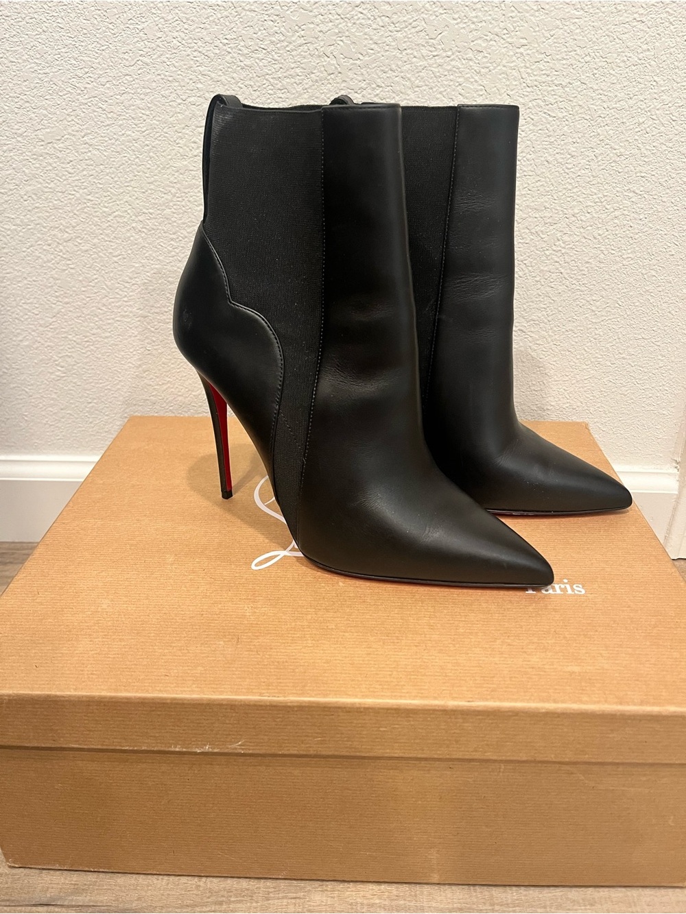 Christian Louboutin Black Leather Pointed Stiletto Ankle Boots with Red Sole